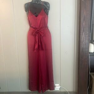 Forever 21 Satin Slip Jumpsuit Red Burgundy Wide Leg Sexy Siren Whimsical Artsy